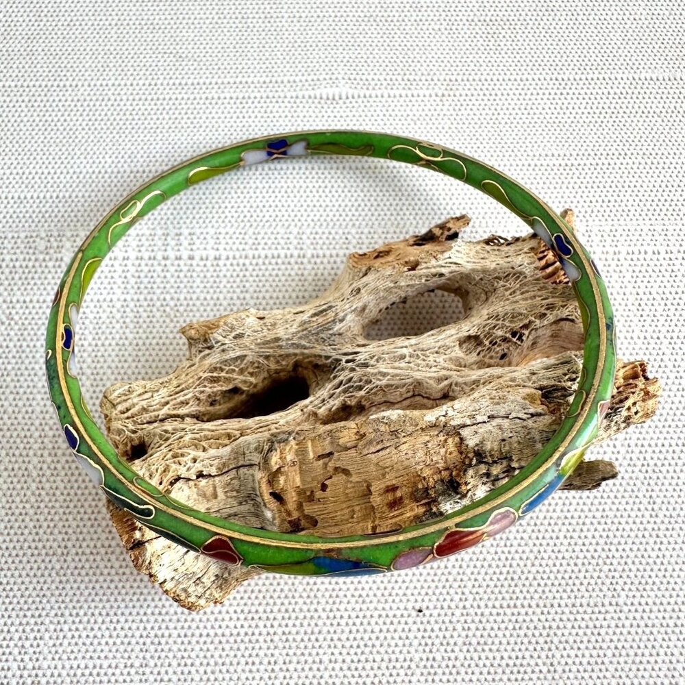 Vintage Green Cloisonne Bangle With Floral Design 7 3/4" Inner Circumference